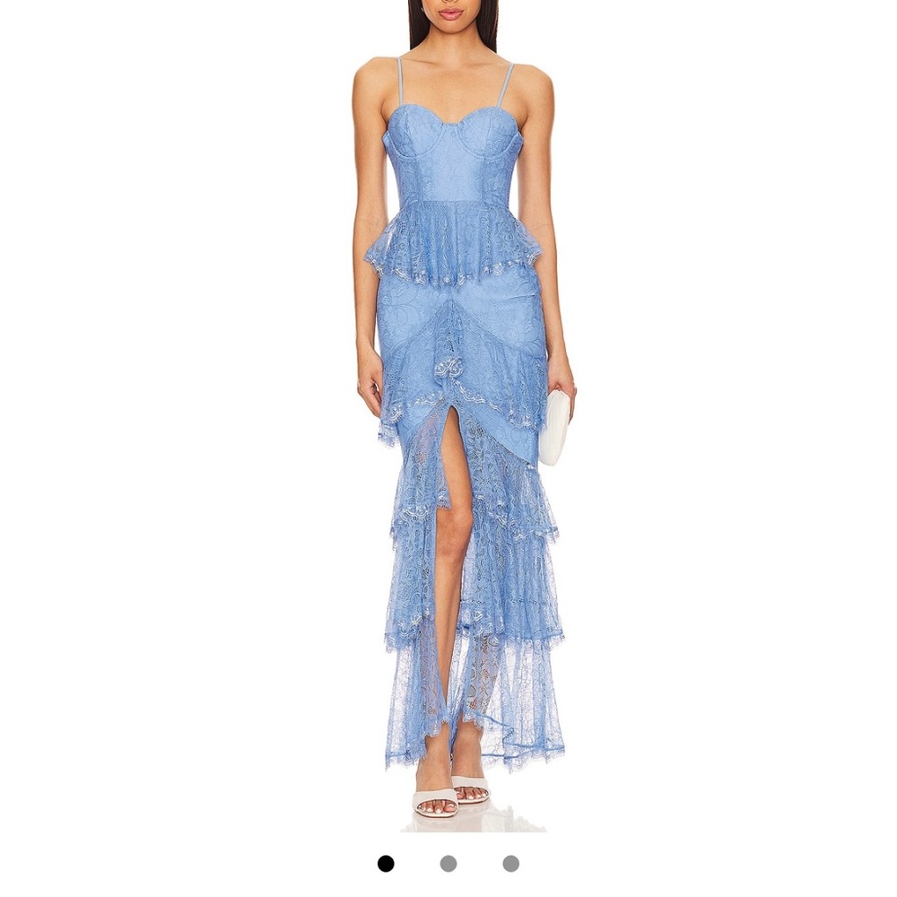 MAJORELLE Blue Tiered Ruffled Strapless Maxi Gown